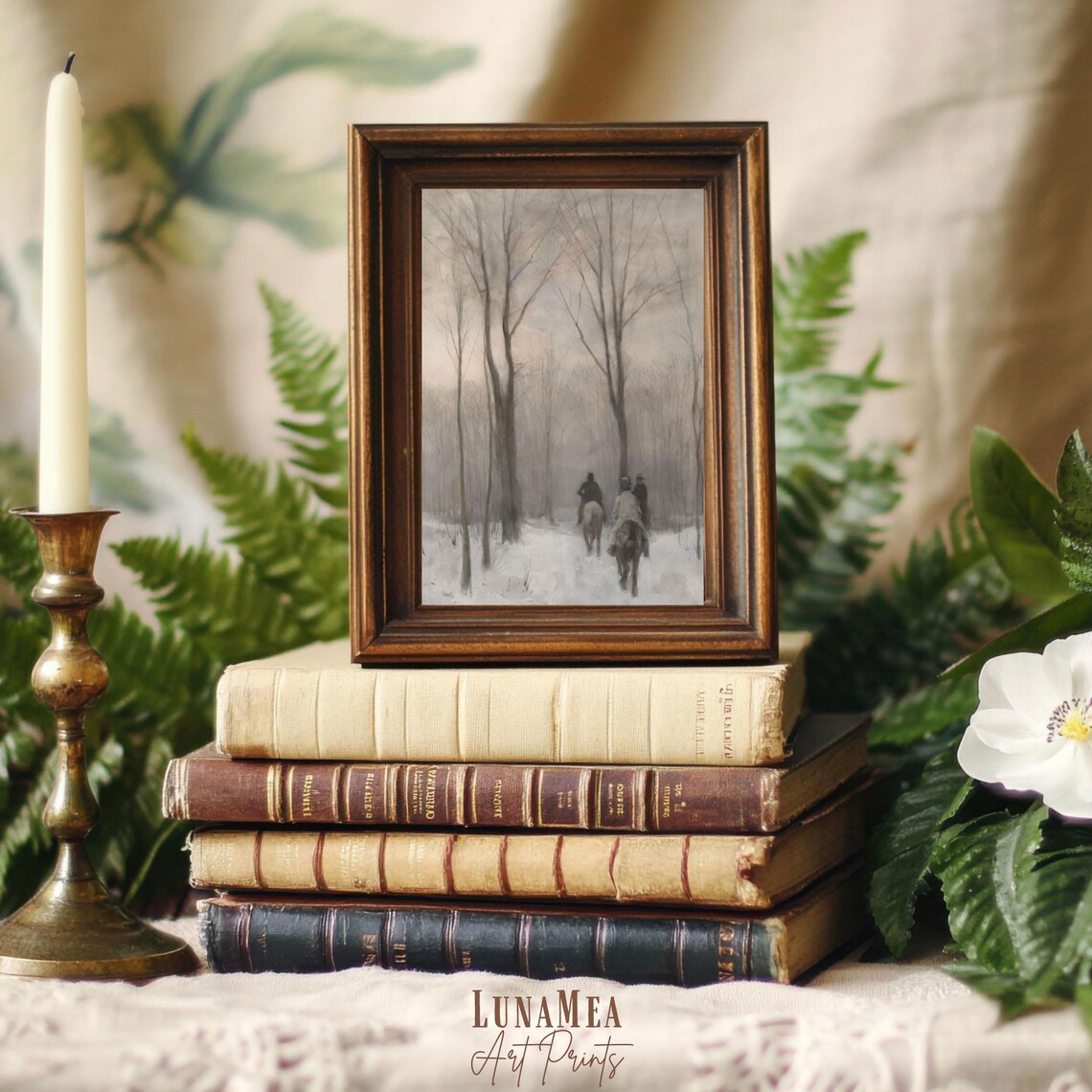 Winter Horse Riders in Snowy Forest Muted Vintage Equestrian Painting Wall Art - Image 2