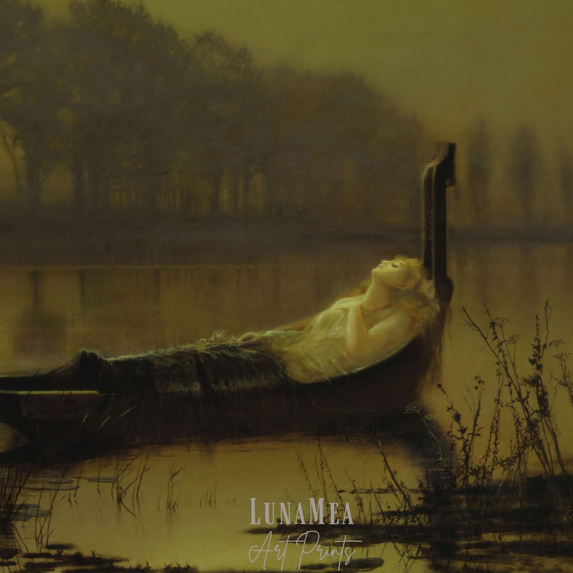 The Lady of Shalott Vintage Painting Woman in Boat Moody River Scene Wall Art - Image 3