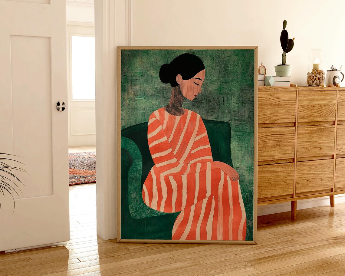 Seated Woman in Orange Striped Dress Green Background Poster - Image 2