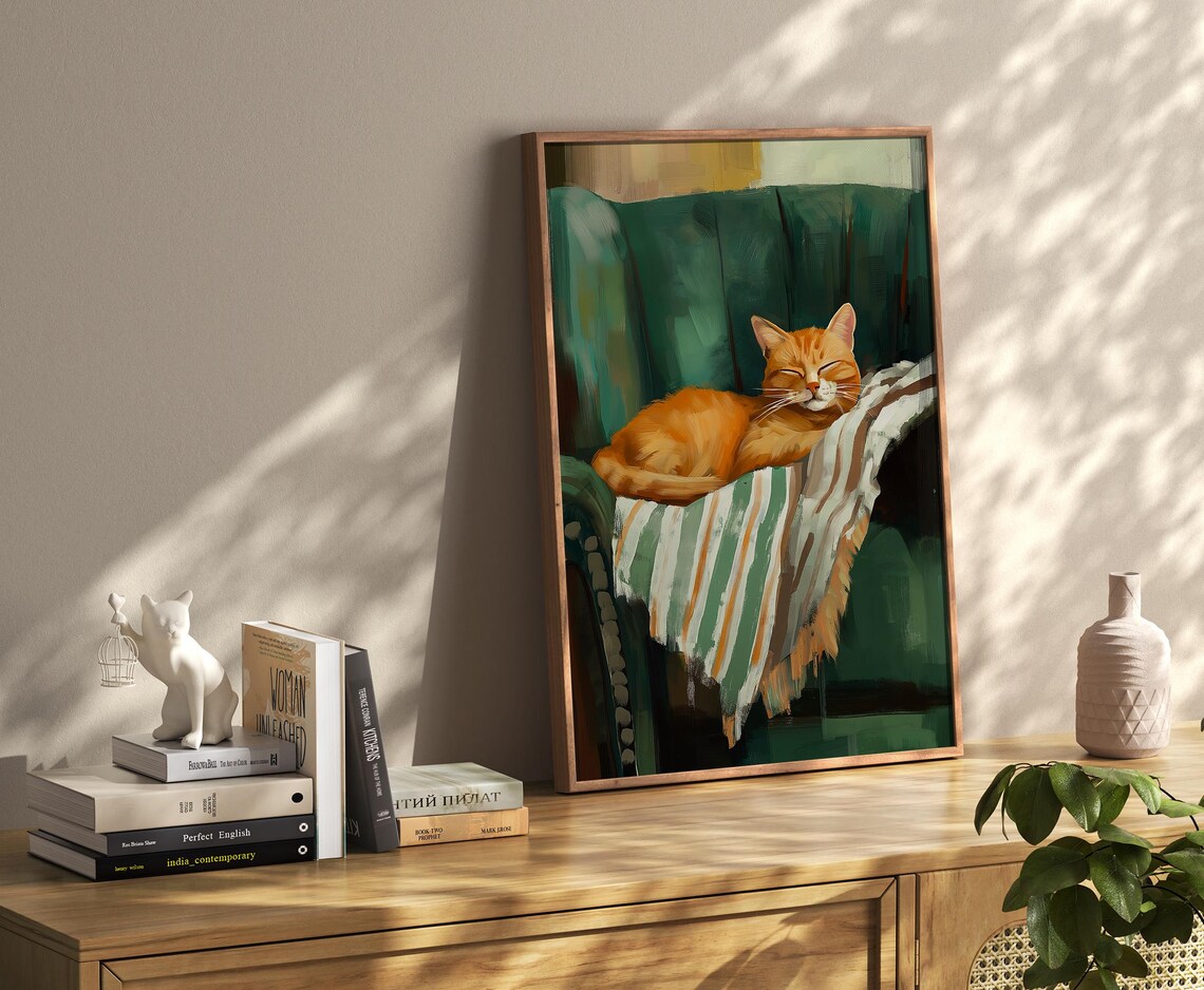 Ginger Cat Napping On A Striped Blanket In A Green Room Poster - Image 3