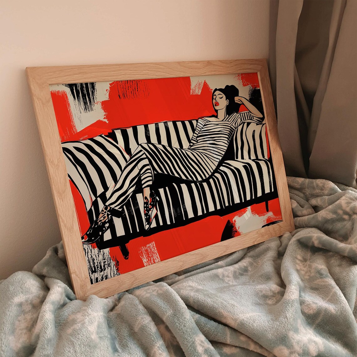 Fashion Woman Lounging on Striped Couch Bold Red Modern Art Poster - Image 4