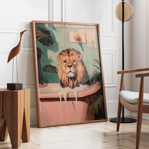 Lion Relaxing In A Pink Bubble Bath With Shower Plants Poster