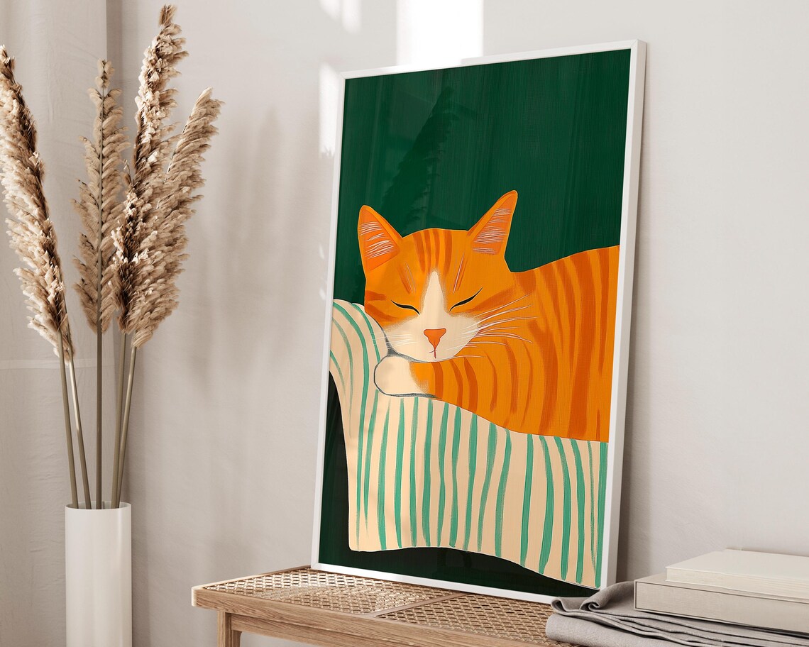 Orange Tabby Cat Sleeping On Striped Blanket Dark Green Poster - Image 2