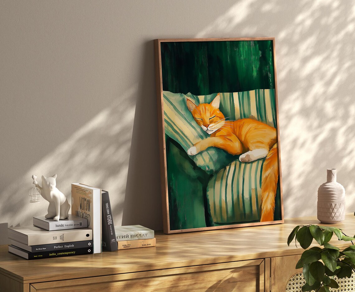 Sleeping Orange Tabby Cat Cozy Emerald Green Modern Feline Art Poster - Image 2