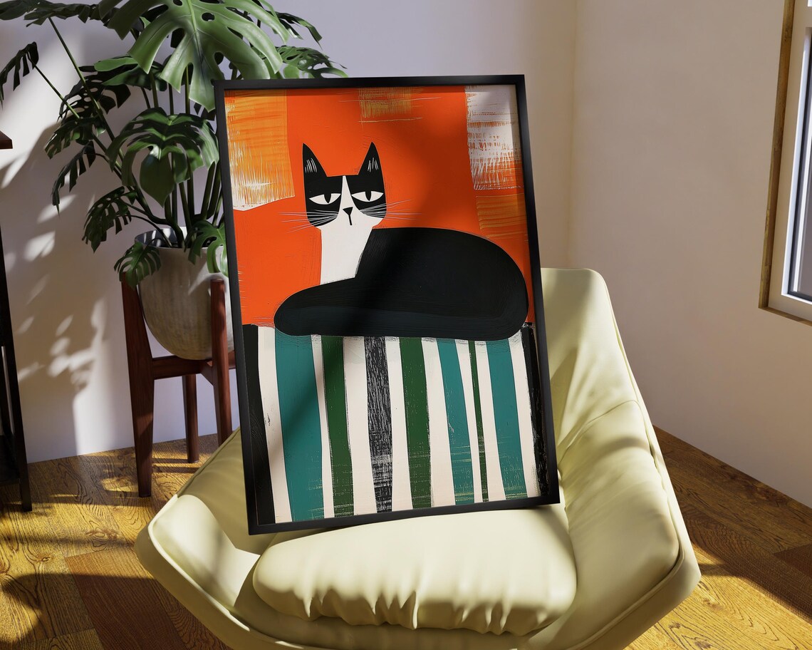 Bold Black And White Cat On Striped Fabric With Orange Poster - Image 4