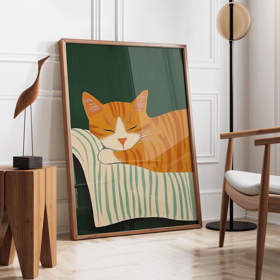 Orange Tabby Cat Sleeping On Striped Blanket Dark Green Poster