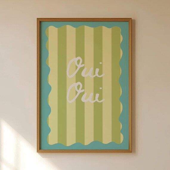 Oui Oui French Script Green Striped Trendy Preppy Kitchen Wall Poster