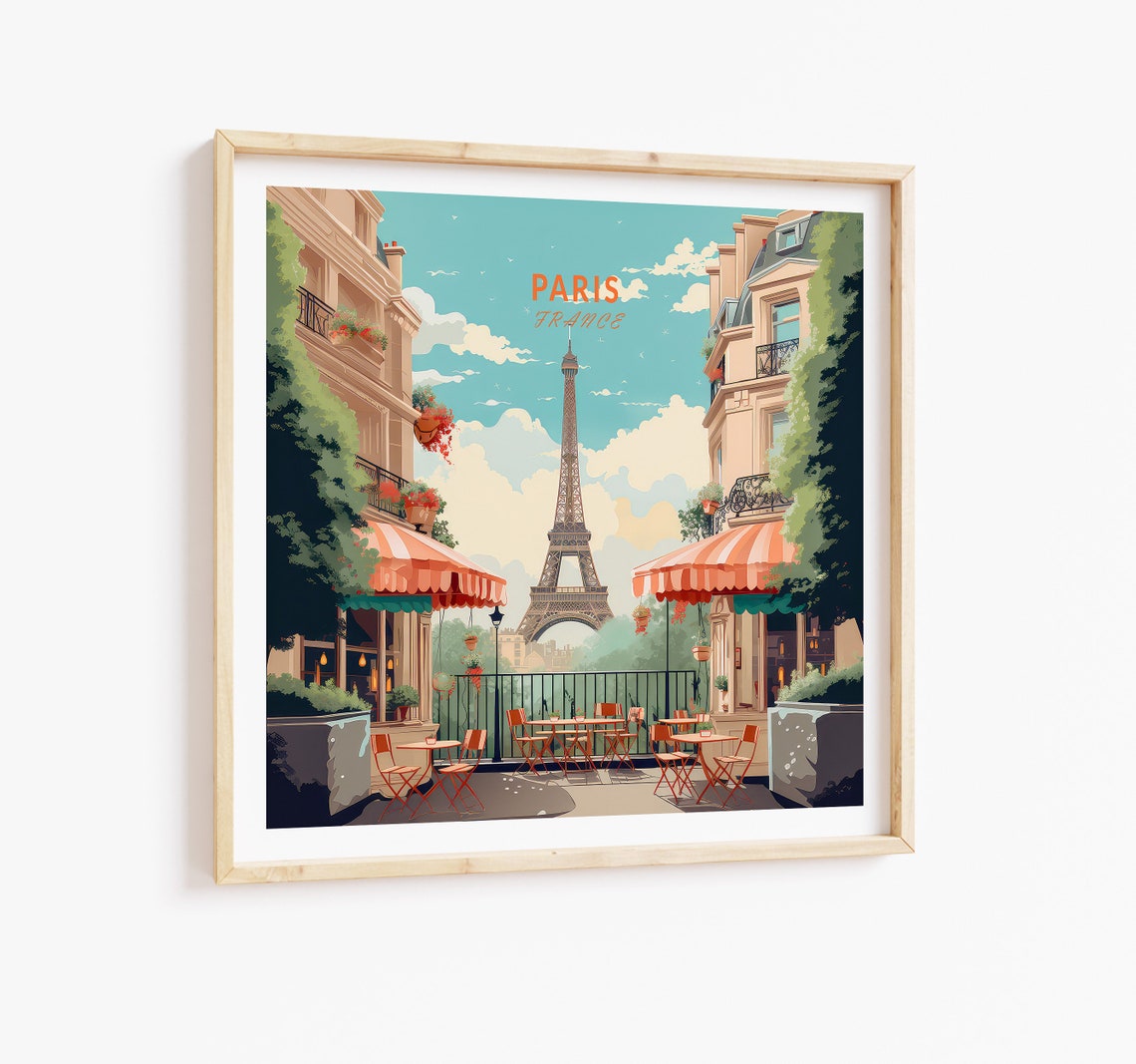 Paris France Eiffel Tower Cafe Retro Travel Illustration Poster