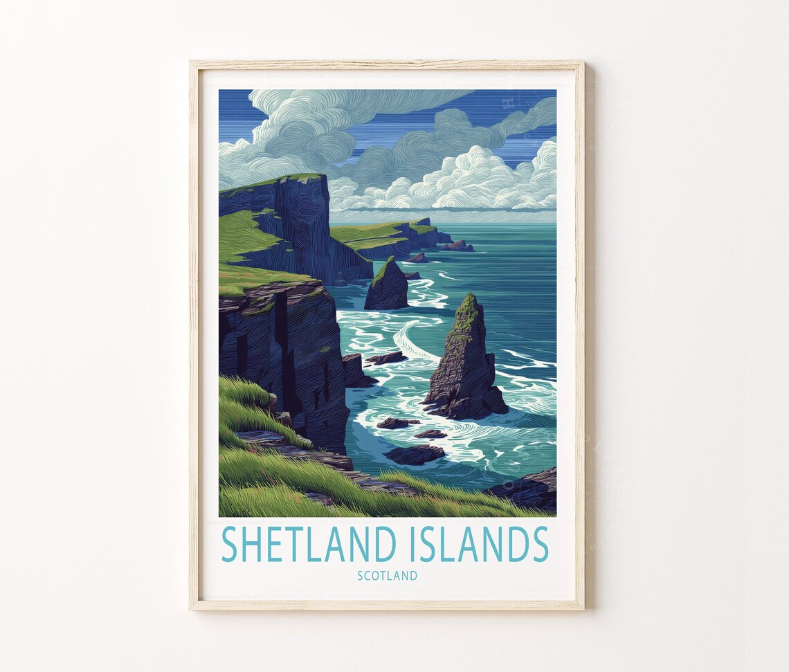 Shetland Islands Travel Poster Scotland Sea Cliffs Retro Coast Art