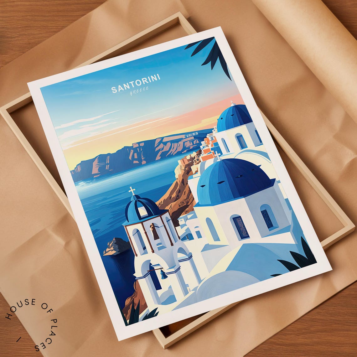 Santorini Greece Blue Domes Caldera Sunset Retro Travel Poster - Image 2