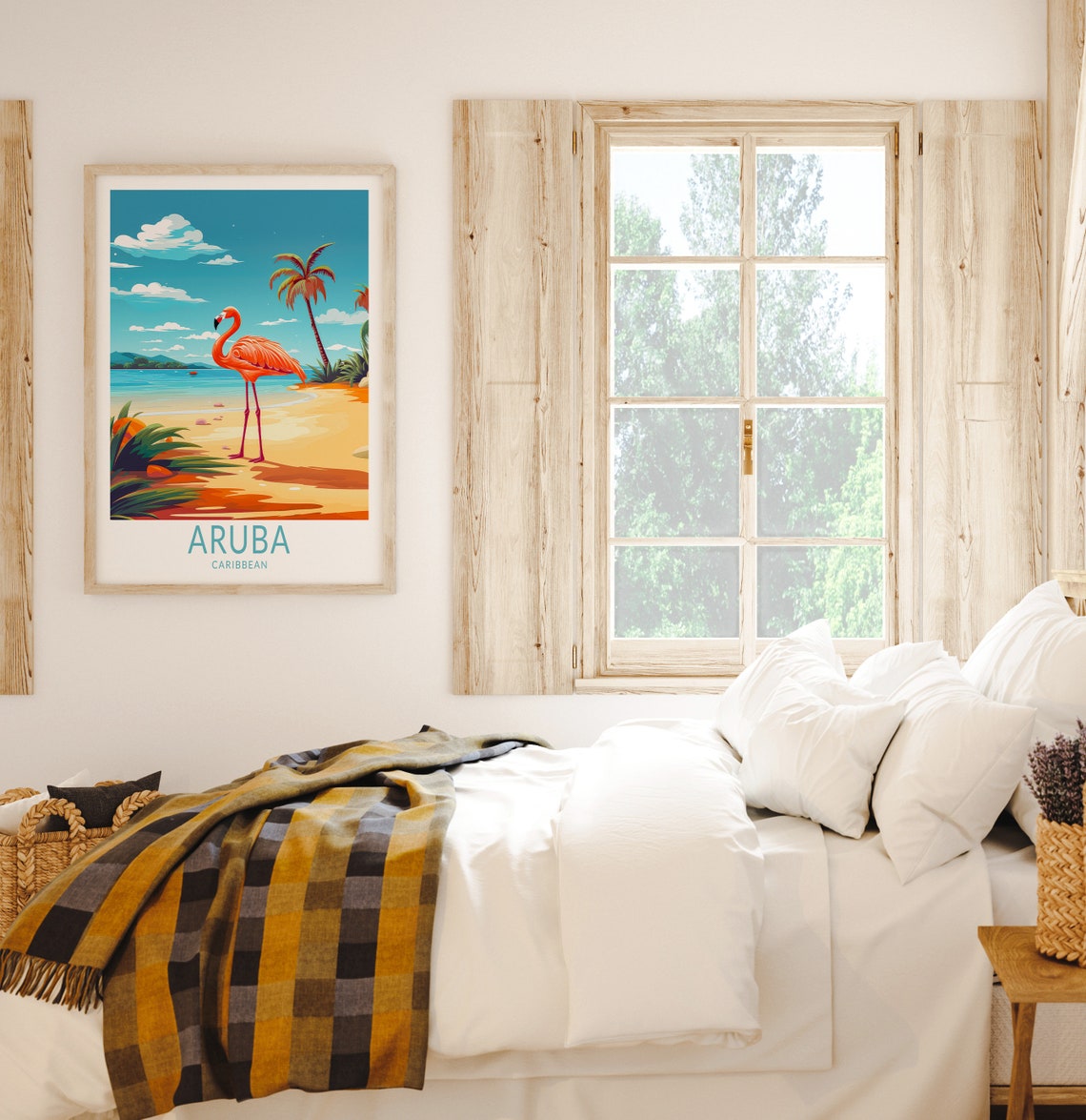 Aruba Caribbean Flamingo On Golden Beach Retro Travel Poster - Image 2