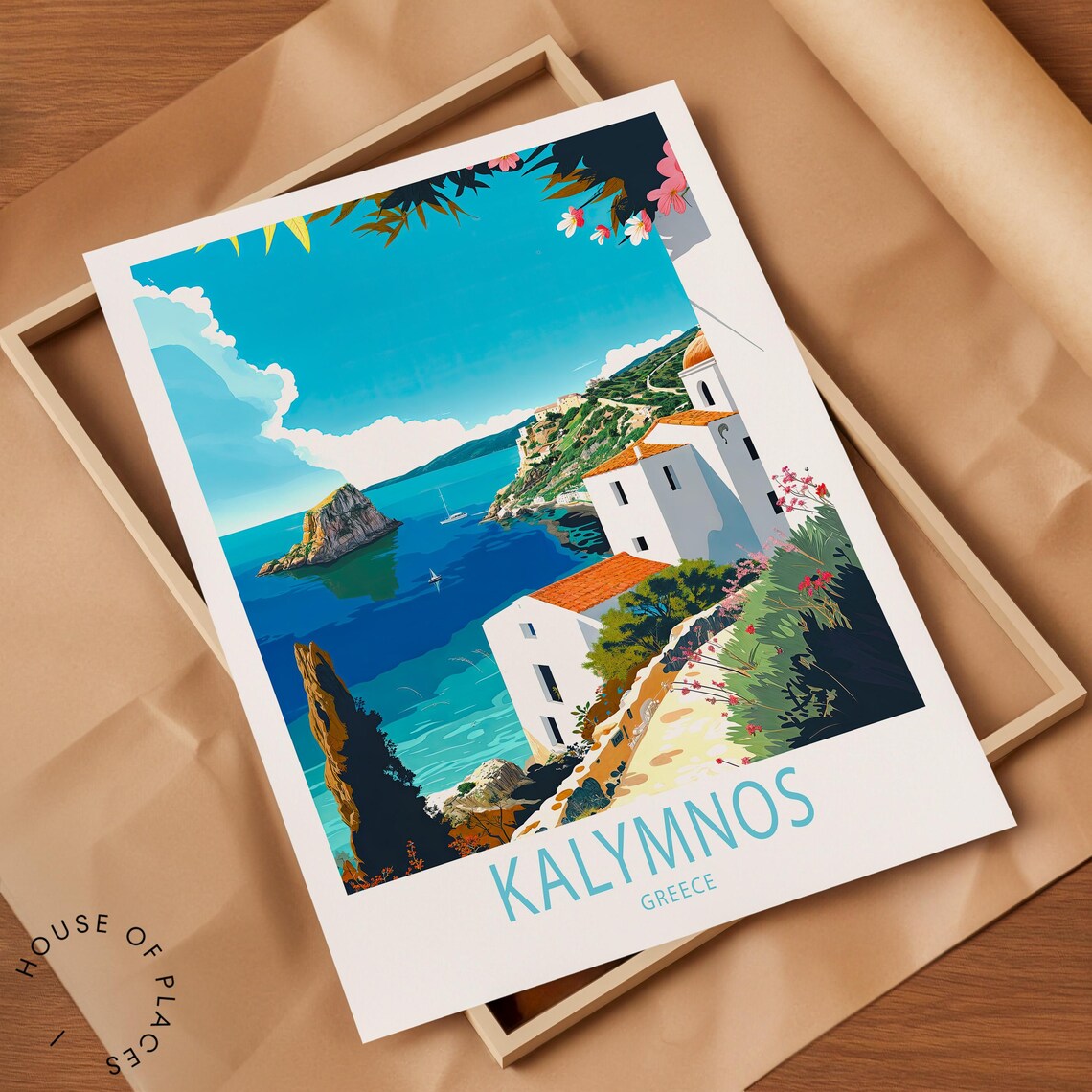 Kalymnos Greece Coastal Travel Poster White Church on Cliff Over Bay - Image 2