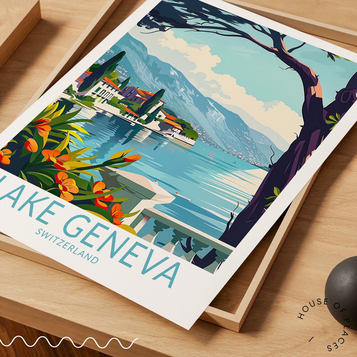 Lake Geneva Switzerland Lakeside Villas Vintage Travel Poster - Image 3