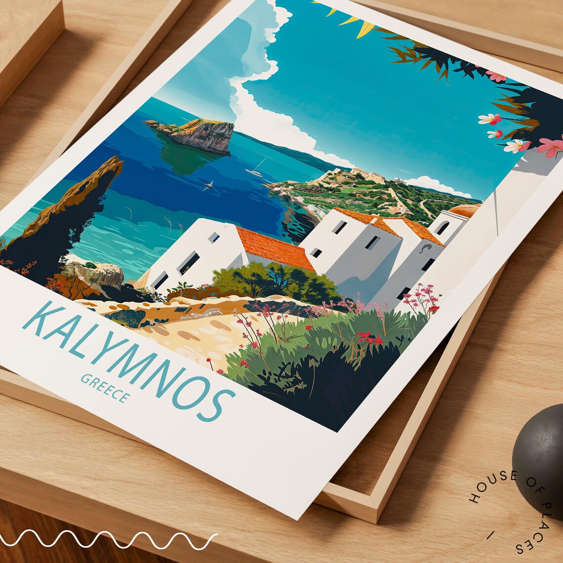 Kalymnos Greece Coastal Travel Poster White Church on Cliff Over Bay - Image 3