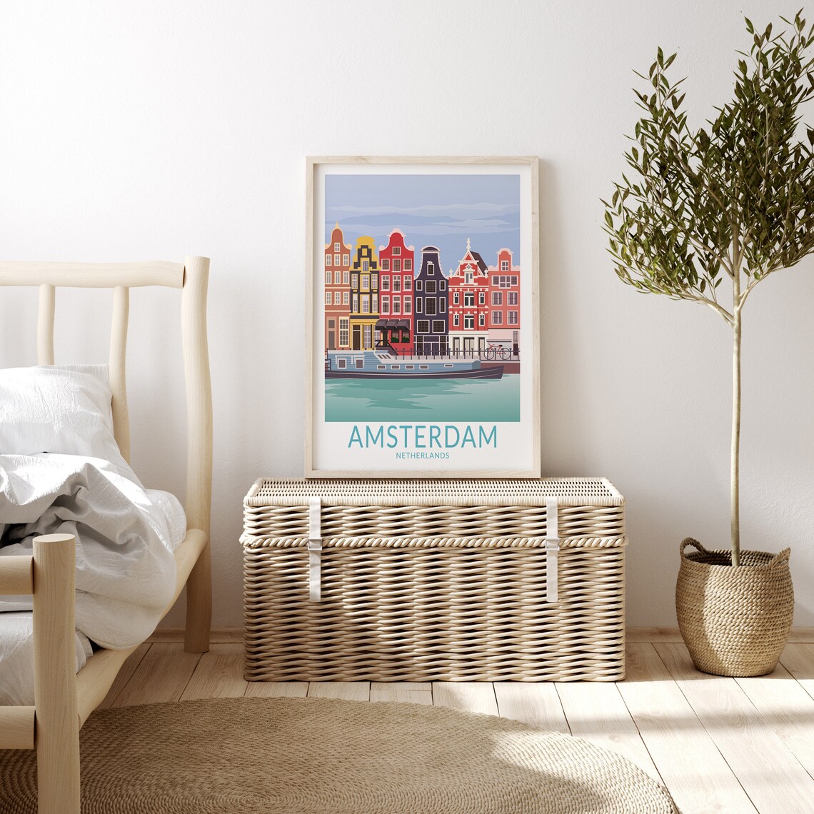 Amsterdam Netherlands Colorful Canal Houses Boat Travel Poster - Image 3