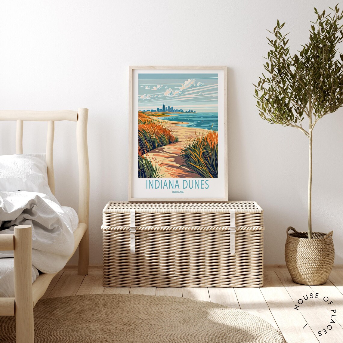 Indiana Dunes Indiana Dune Grasses Beach and City Skyline Across the Lake Poster - Image 2