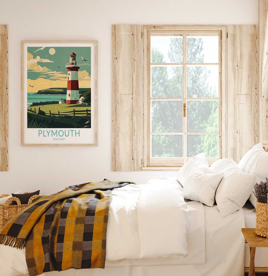 Plymouth England Striped Lighthouse Vintage Coastal Travel Poster - Image 2