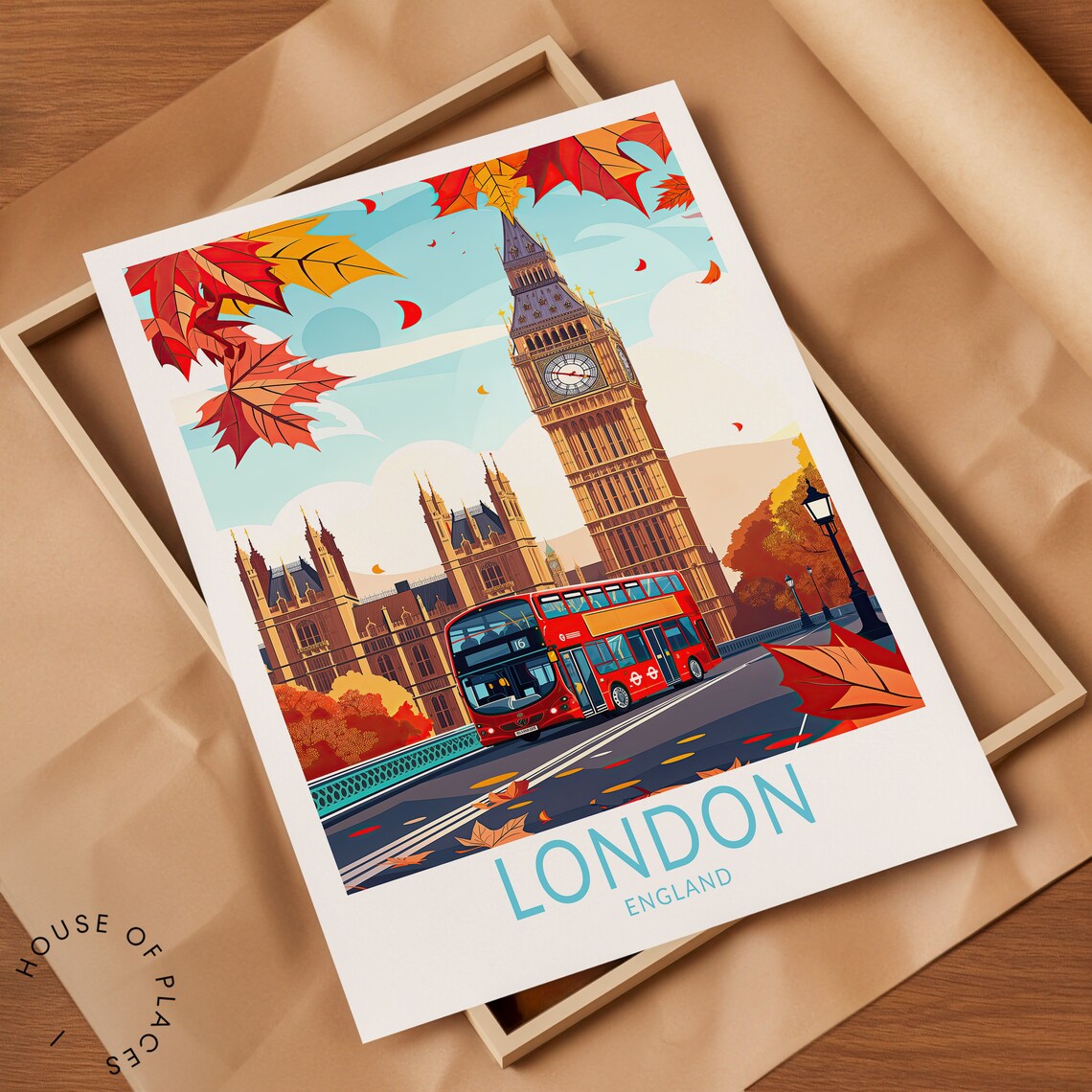 London Big Ben Autumn Red Bus Retro Illustration Travel Poster - Image 2