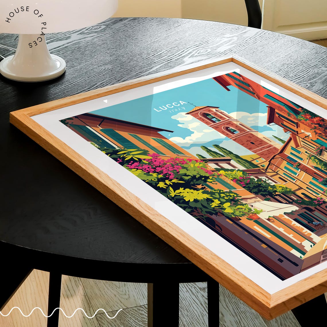 Lucca Italy Sunlit Street Bell Tower Blooming Balconies Poster - Image 2