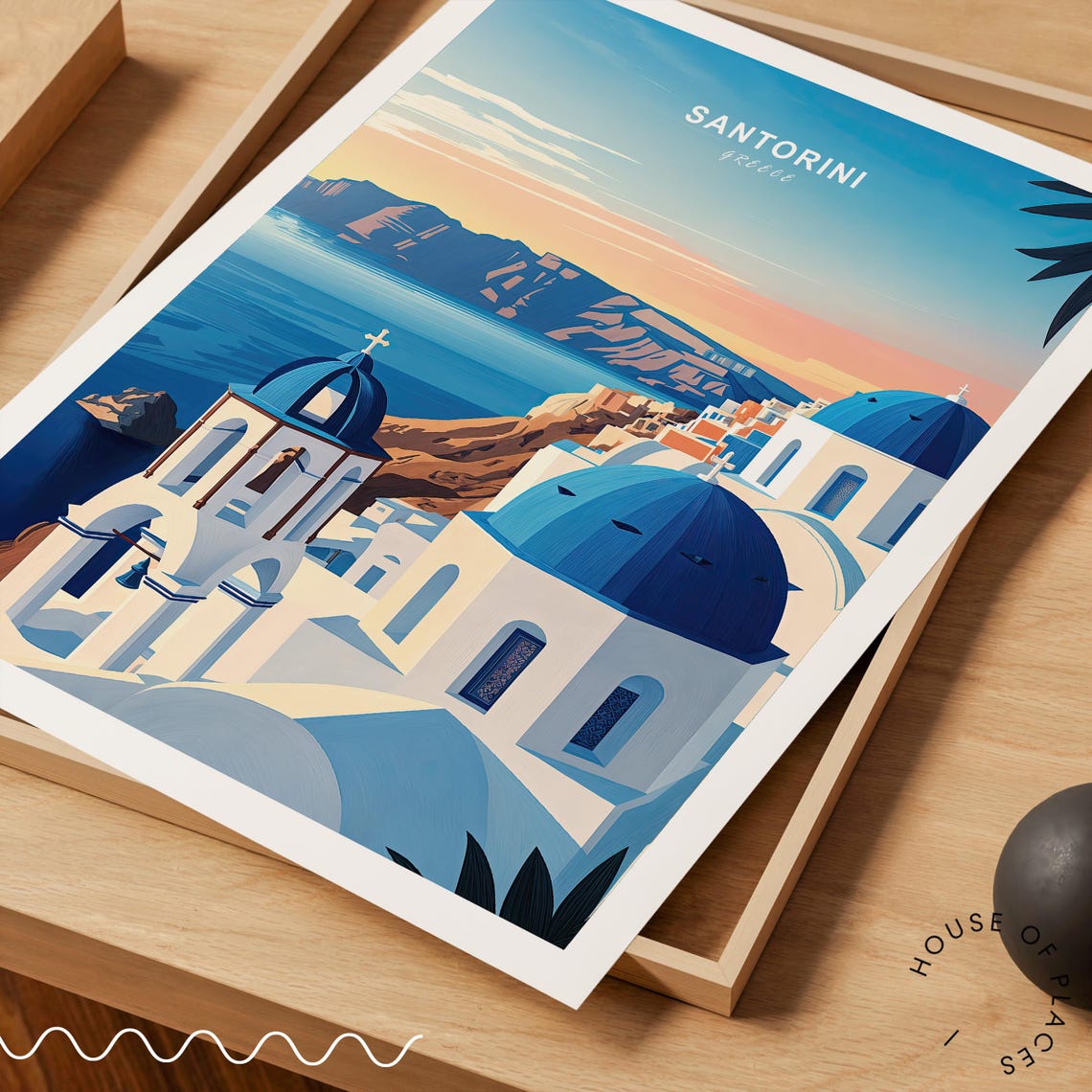 Santorini Greece Blue Domes Caldera Sunset Retro Travel Poster - Image 3