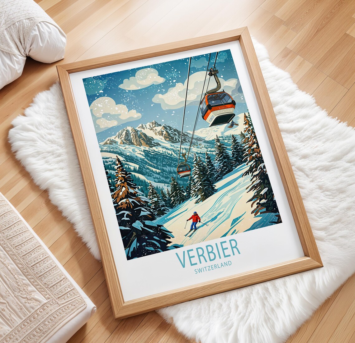 Verbier Switzerland Red Gondola and Skier in Pine Forest Snow Poster - Image 3