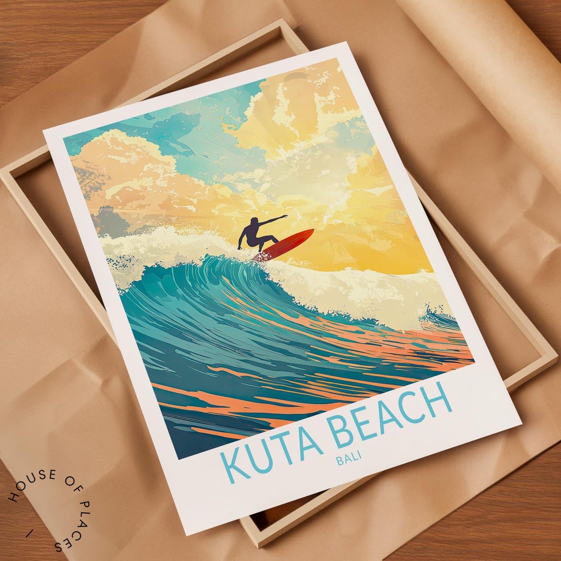 Kuta Beach Bali Surfer Riding a Giant Wave at Sunset Travel Poster - Image 2
