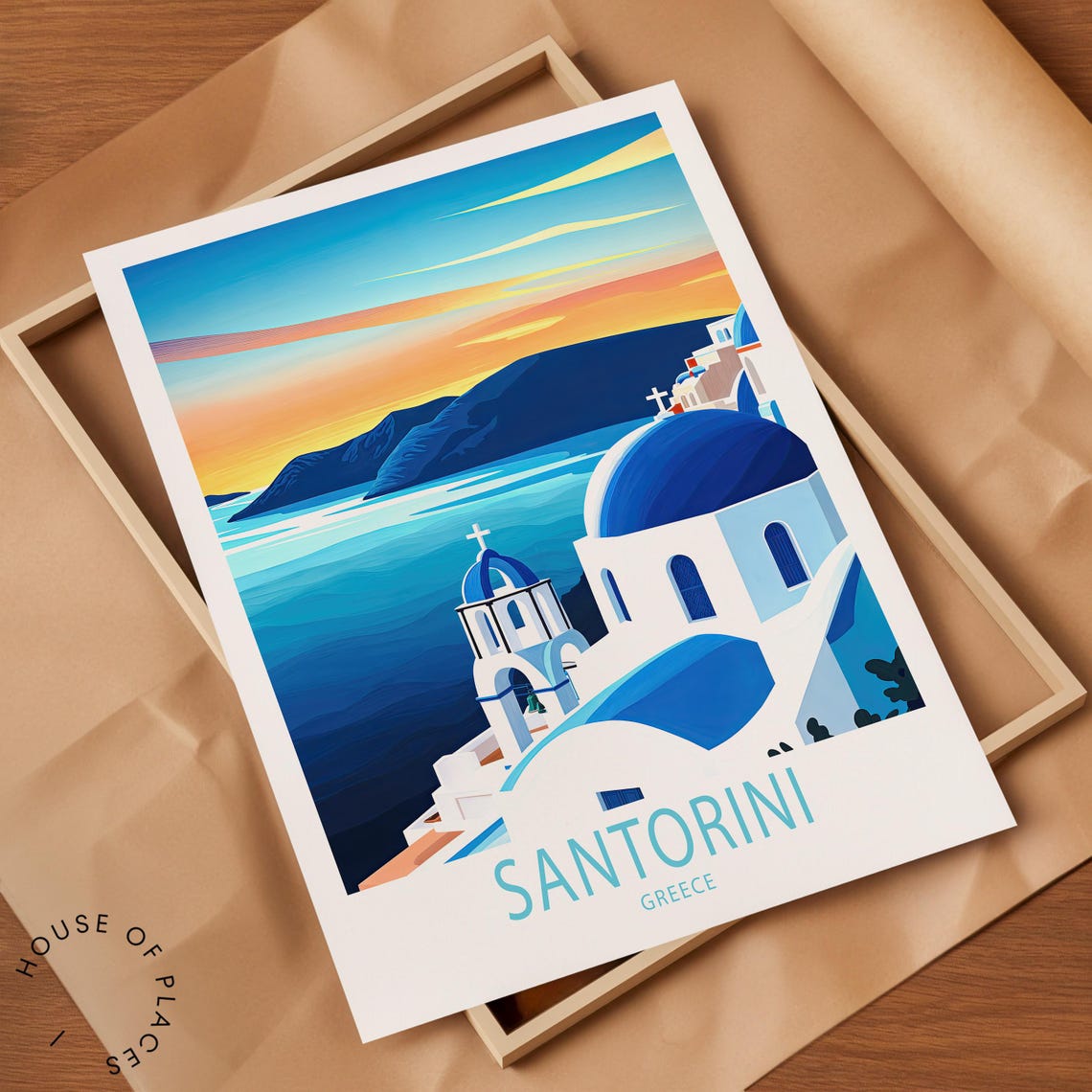 Santorini Greece Sunset Blue Domes Bold Block Text Travel Poster - Image 2