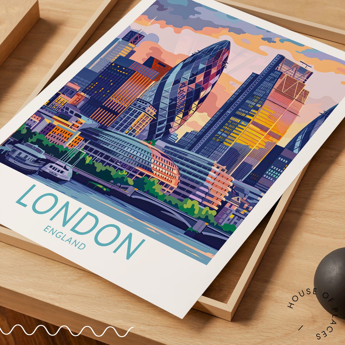 London England Sunset Skyline With The Gherkin Retro Travel Poster - Image 3