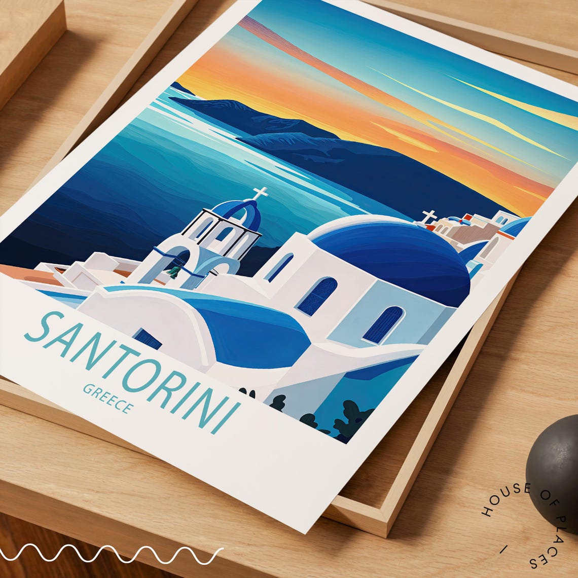 Santorini Greece Sunset Blue Domes Bold Block Text Travel Poster - Image 3