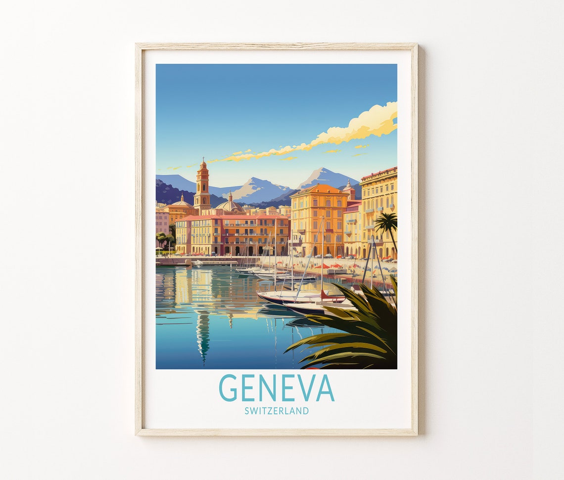 Geneva Switzerland Harbor Waterfront Retro Travel Poster Art