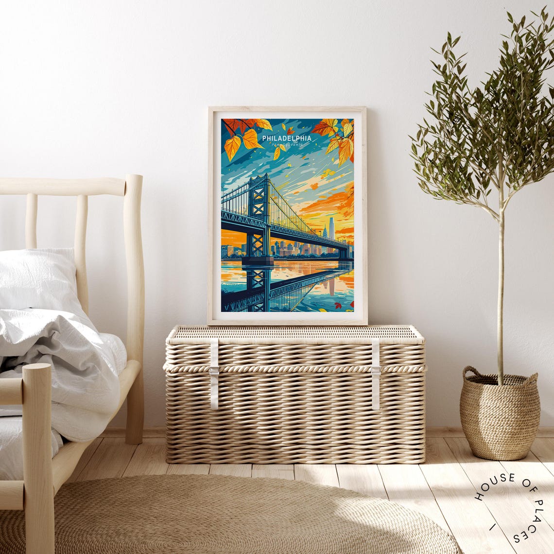 Philadelphia Ben Franklin Bridge Autumn Sunset Retro Travel Poster - Image 4