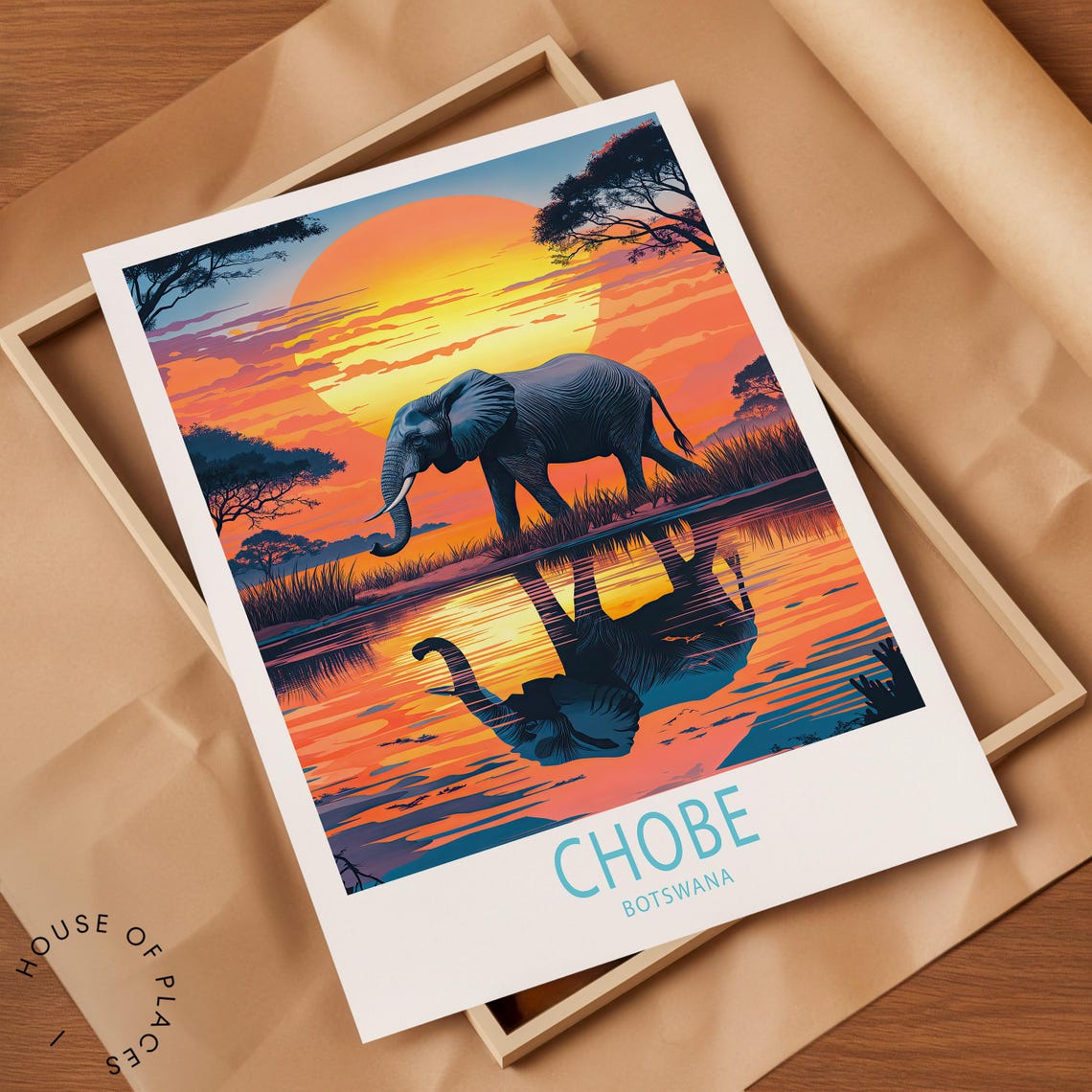 Chobe Botswana Elephant Sunset Safari Waterhole Travel Poster - Image 2