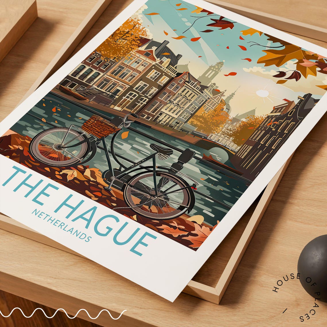 The Hague Netherlands Autumn Canal with Bicycle Travel Scene Poster - Image 3