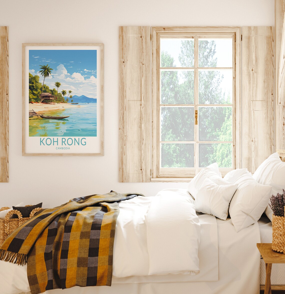 Koh Rong Cambodia Tropical Beach Palm Trees Longboat Travel Poster - Image 2