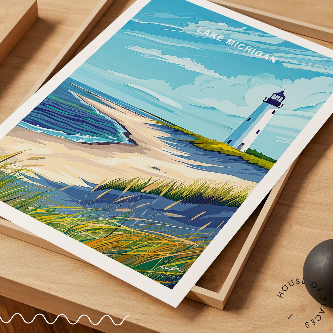 Lake Michigan Lighthouse Sandy Beach Dunes Grass Scenic Travel Poster - Image 2