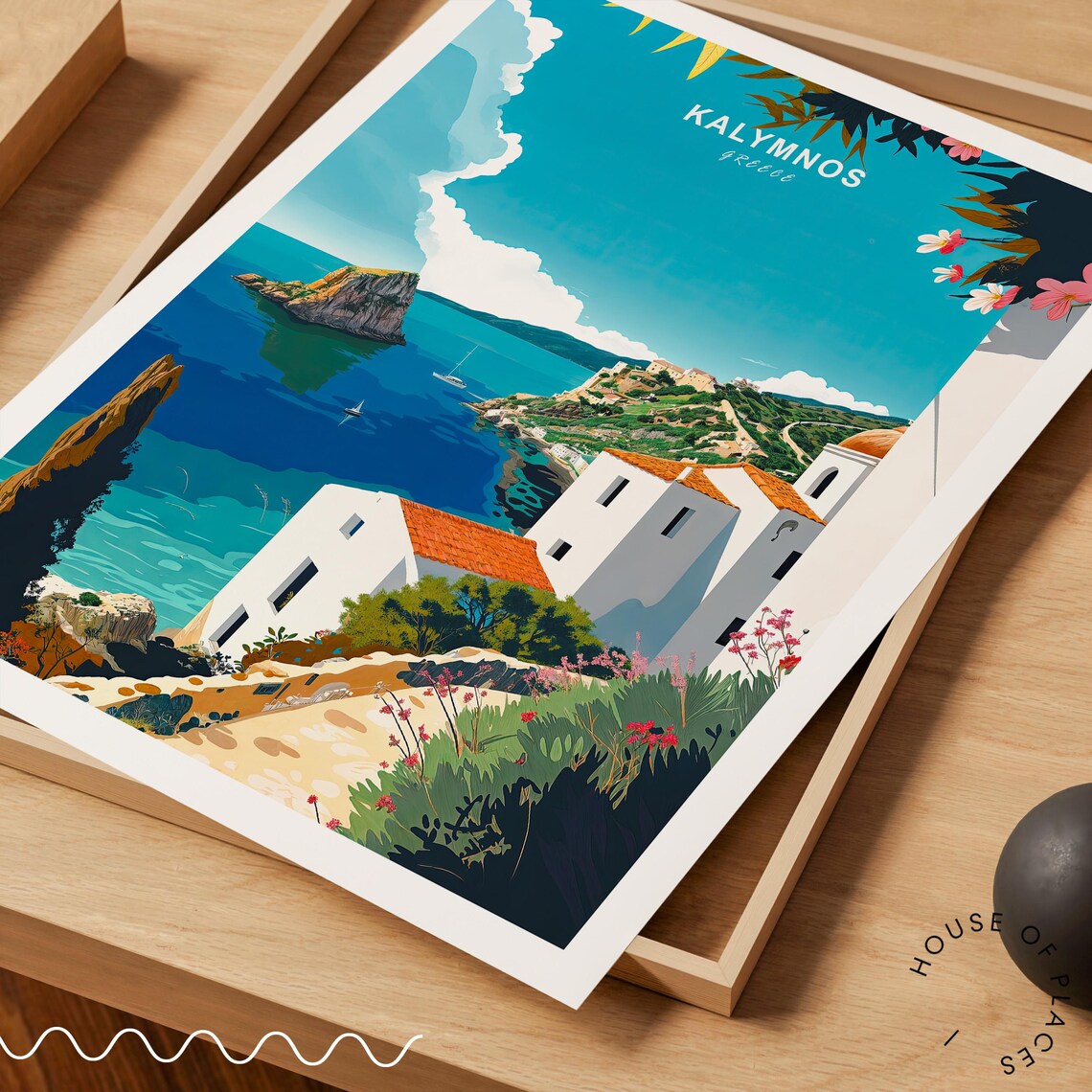 Kalymnos Greece Travel Poster Turquoise Coast Church Bougainvillea - Image 3