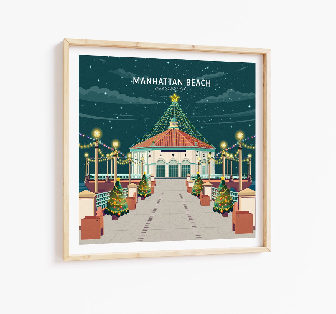 Cozy Manhattan Beach Pier Holiday Christmas Lights Night Poster - Image 2