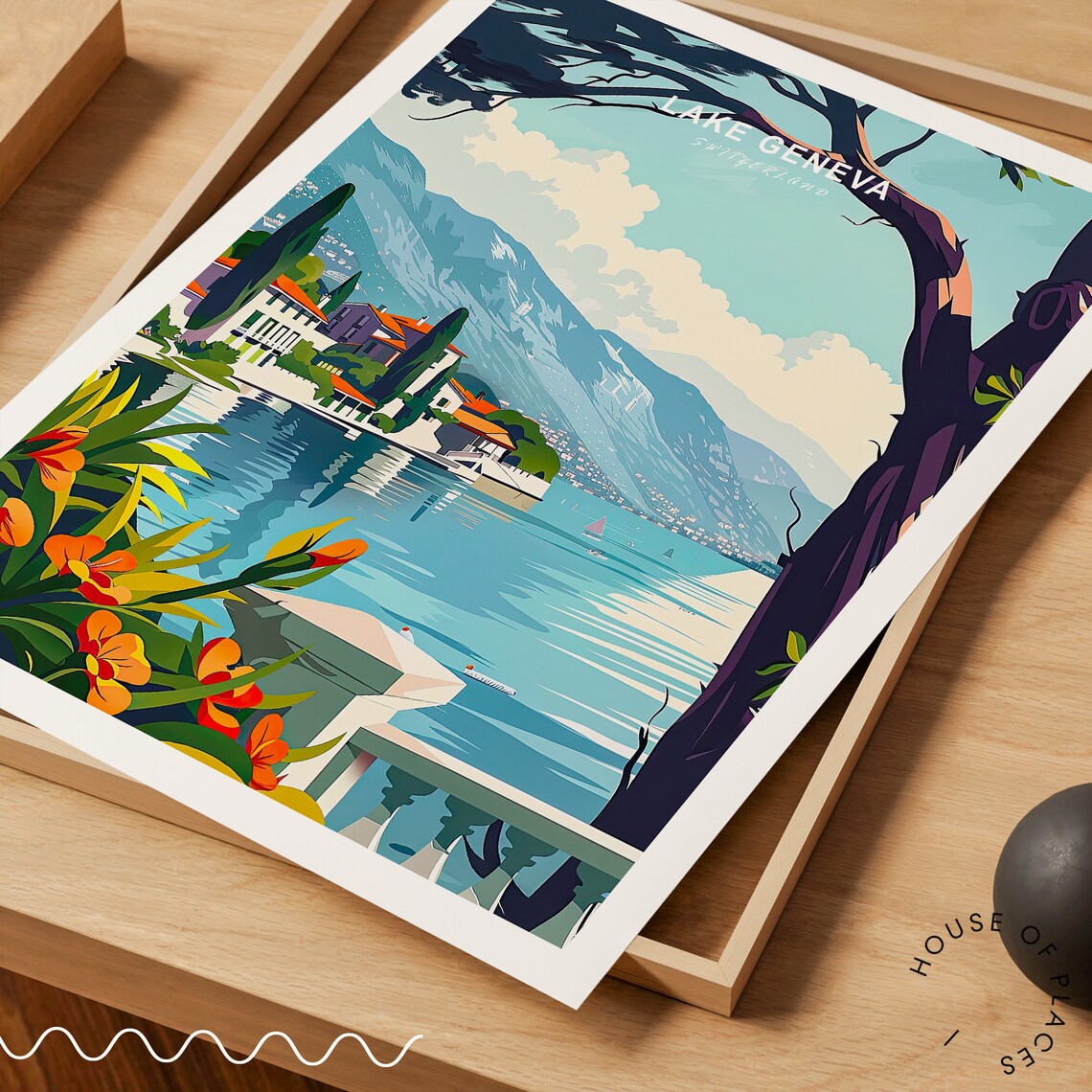 Lake Geneva Switzerland Lakeside Village With Mountains Travel Poster - Image 3