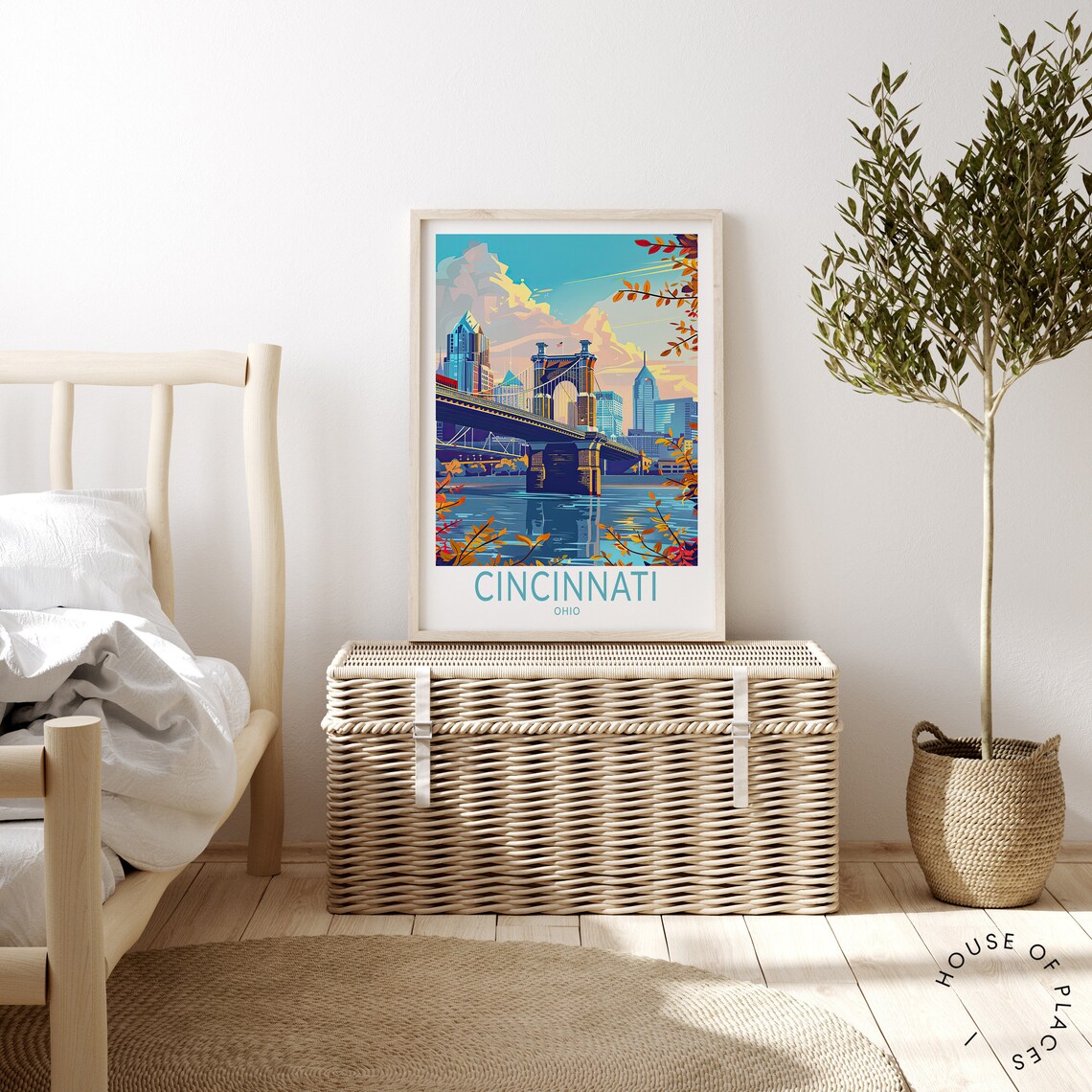 Cincinnati Ohio Travel Poster, John Roebling Bridge - Image 3