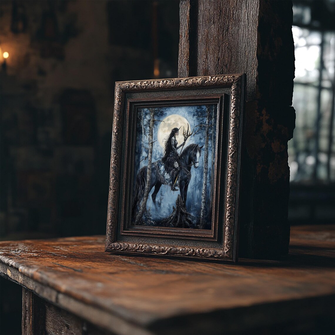 Unicorn Girl On Black Horse Moonlit Enchanted Forest Night Print - Image 2