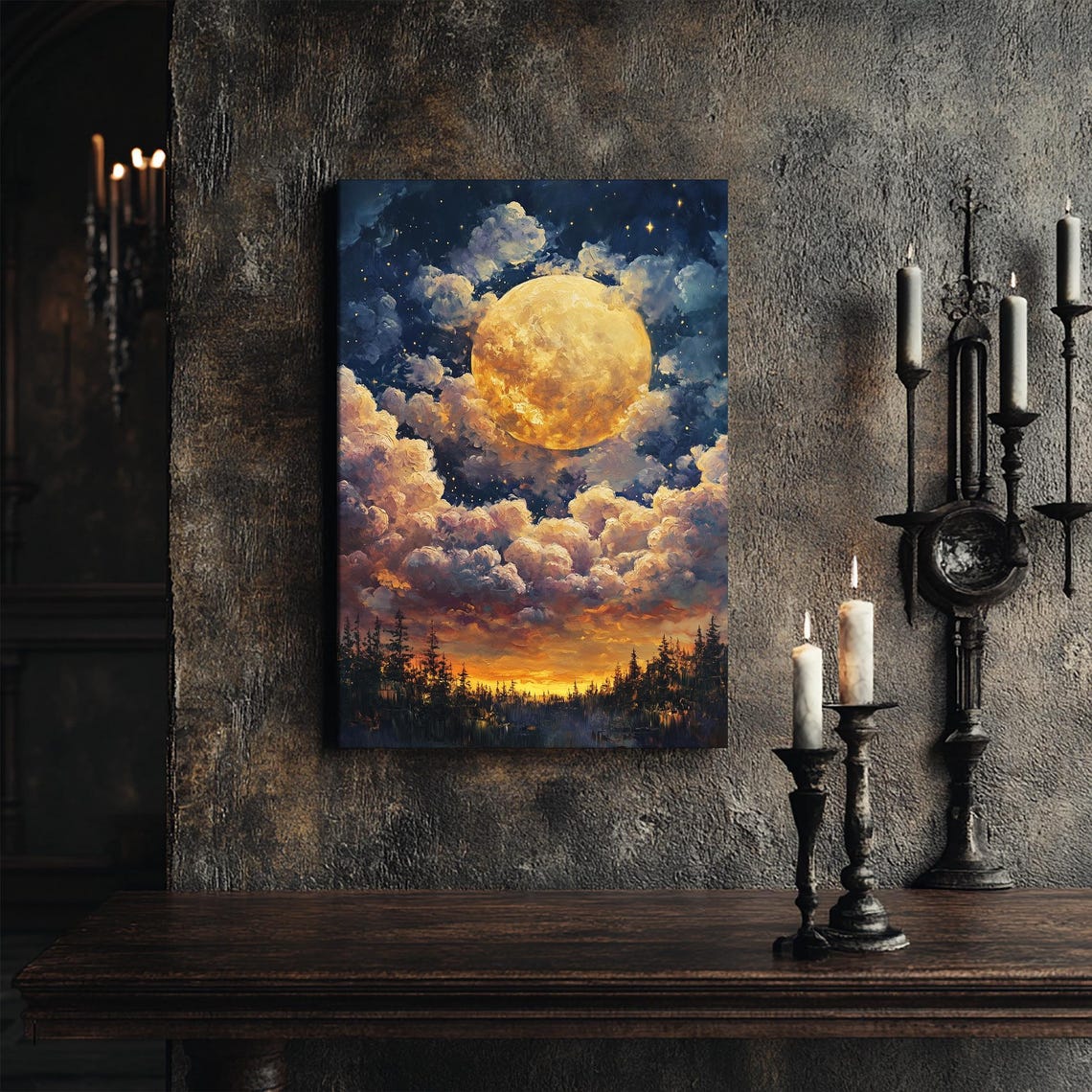 Misty Golden Full Moon Among Clouds Starry Night Forest Art Print - Image 4