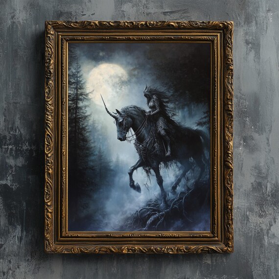 Dark Forest Guardian Riding Black Unicorn Under Full Moon Print