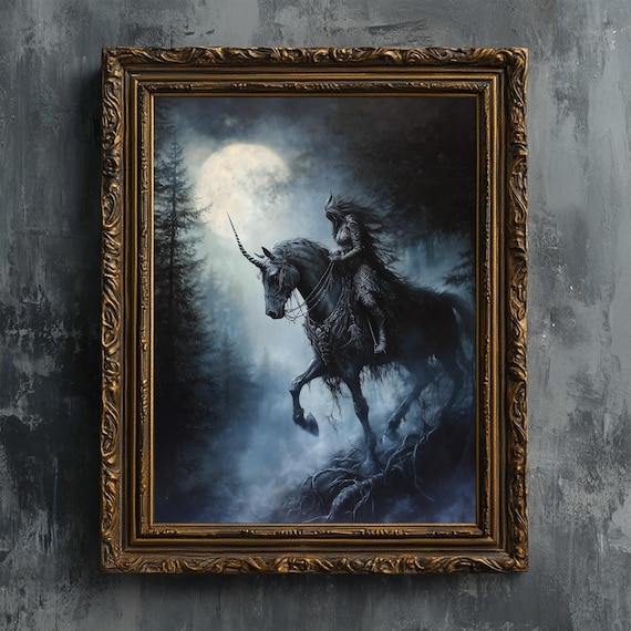 Forest Guardian On Unicorn Fine Art Print Mystical Night Woods Wiccan Witchy Vintage Oil Painting Wall Art Dark Fantasy Poster