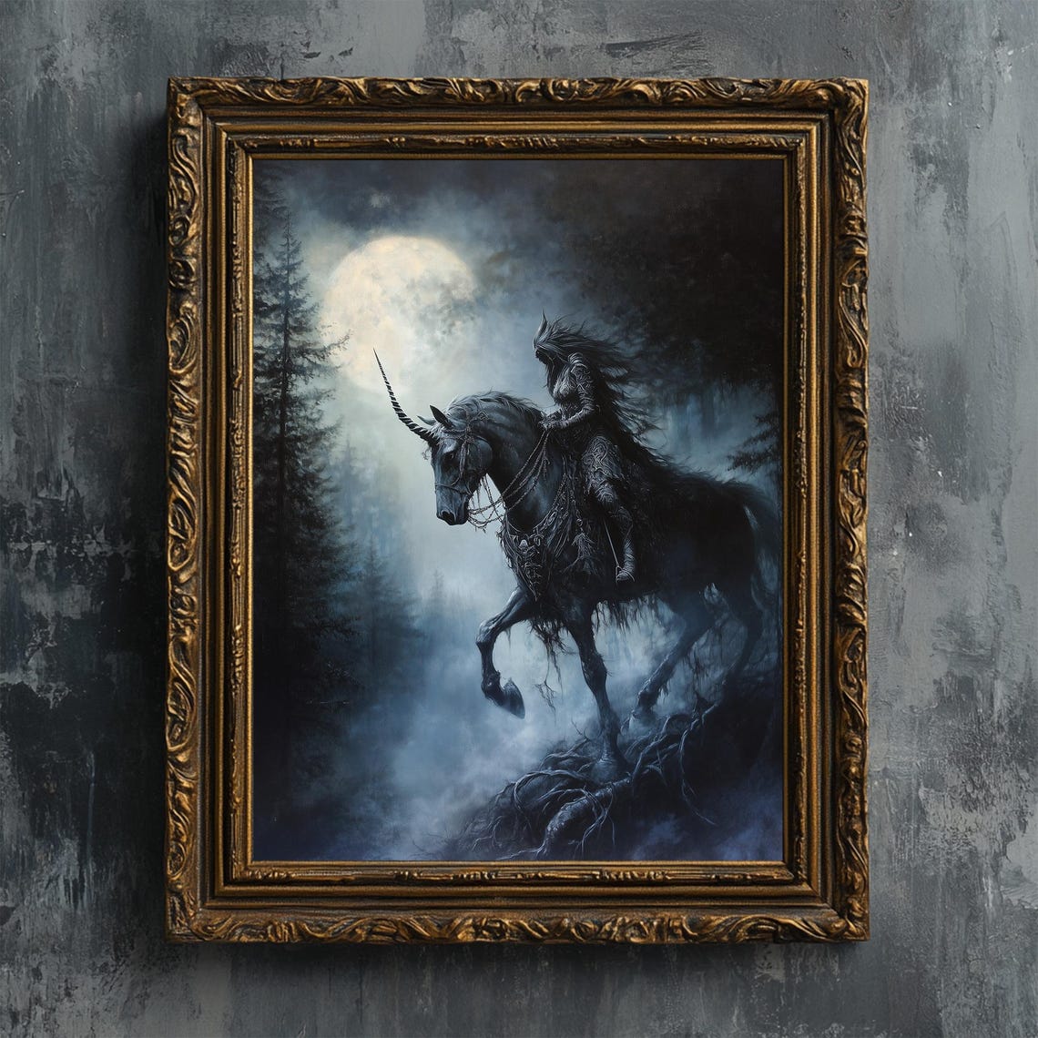 Dark Forest Guardian Riding Black Unicorn Under Full Moon Print