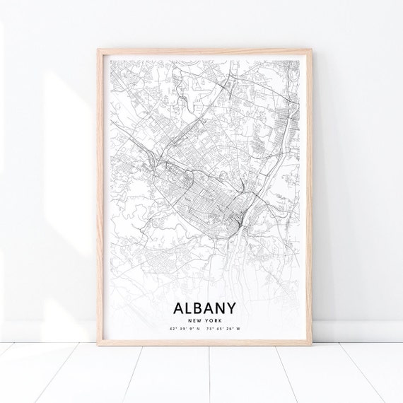 Albany Map Print New York Art Poster City Street Road Black White Modern Wall Home Office Decor