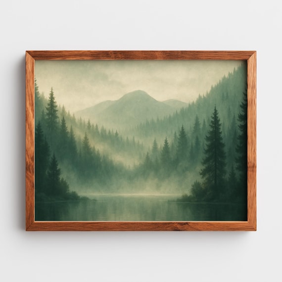 Misty Pine Forest Lake Calm Green Mountains Tranquil Nature Poster