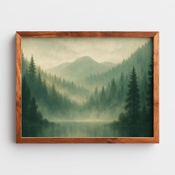 Misty Pine Forest Landscape Serene Green Hills Rustic Nature Wall Art Tranquil Scenery Print 13