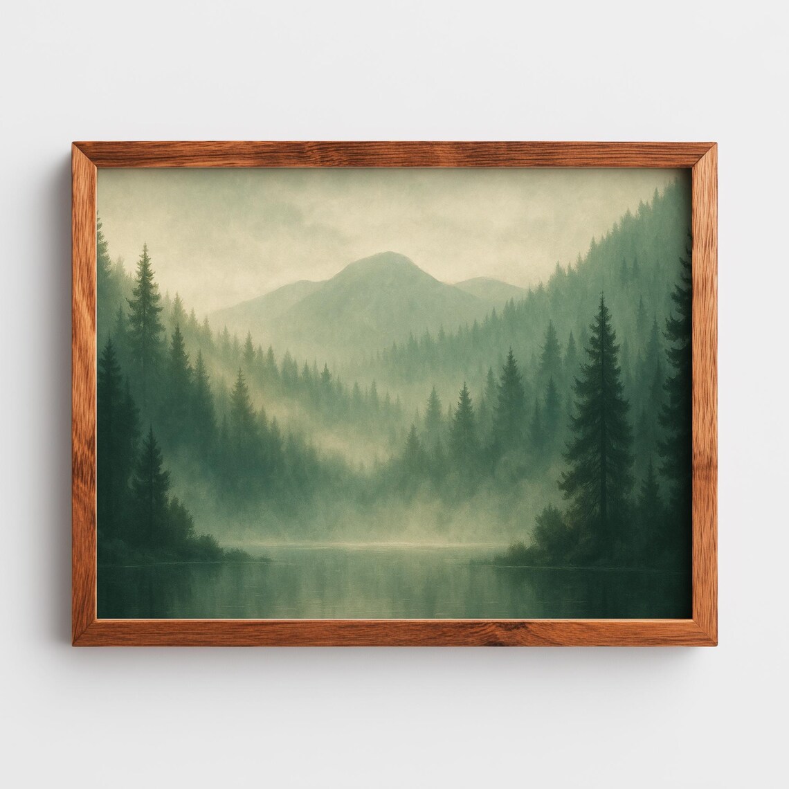 Misty Pine Forest Lake Calm Green Mountains Tranquil Nature Poster