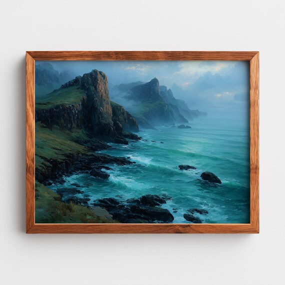 Misty Coastal Cliffs At Dawn Teal Sea Waves Oil Painting Poster