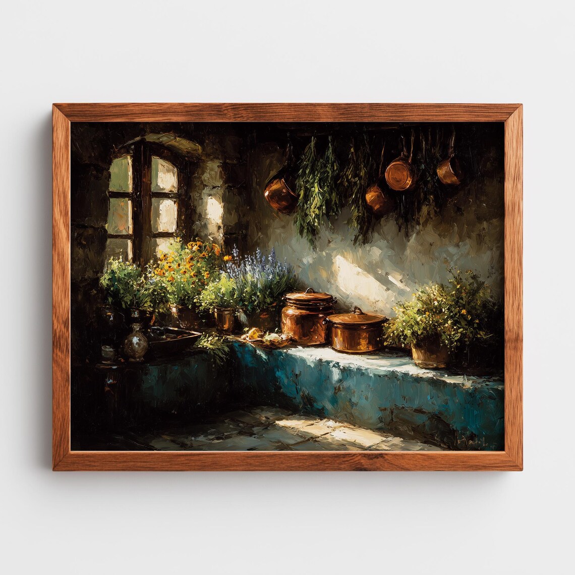 Rustic Country Kitchen Oil Painting Poster Copper Pots Herbs Flowers Art